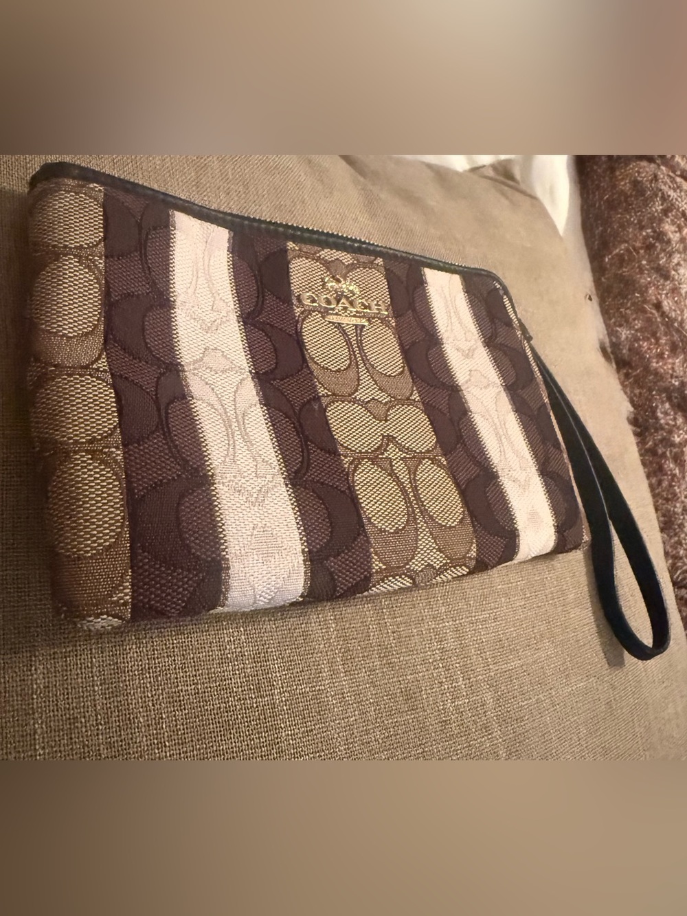 Coach Stripe Signature Wristlet in Brown, Tan & Cream